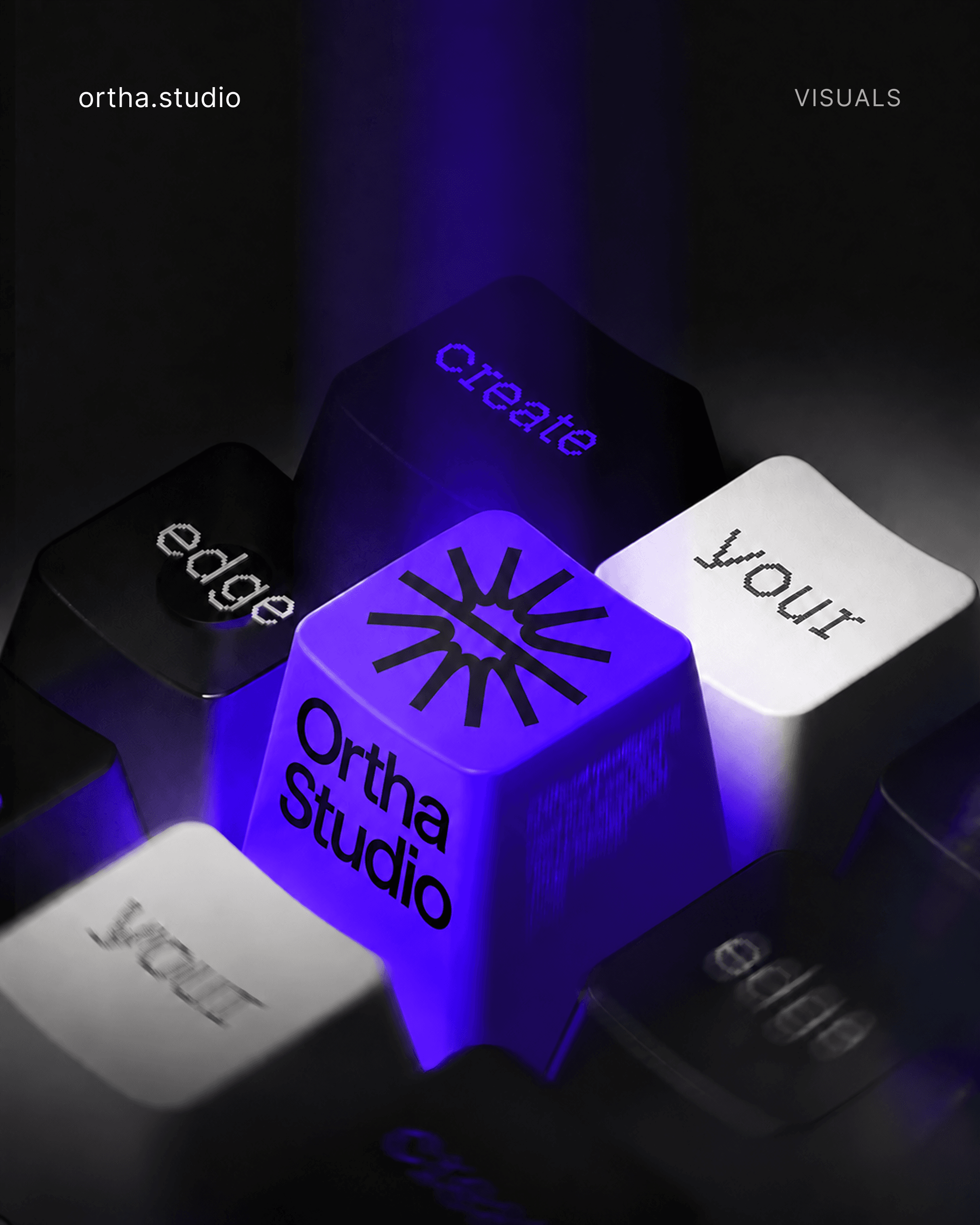 Ortha keyboard visual with a violet keycap bearing the burst mark and Ortha Studio lettering, surrounded by black and white keys in dramatic violet light.