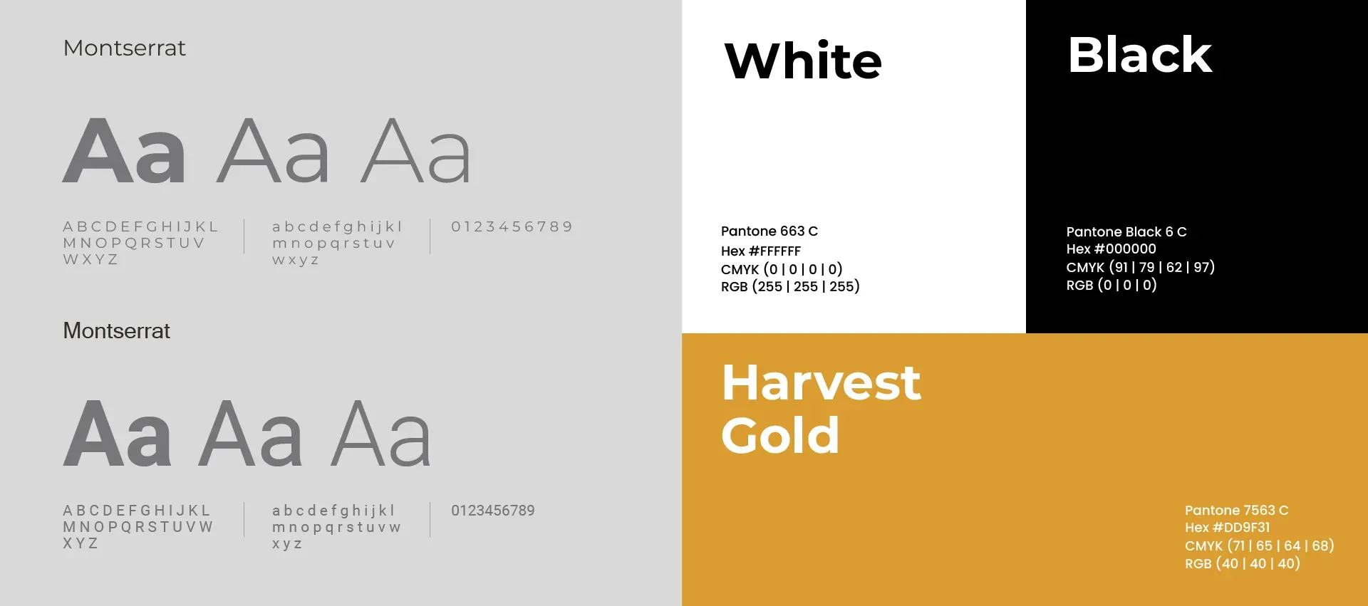 Dzen’s type and color system: Montserrat, white, black and harvest gold.