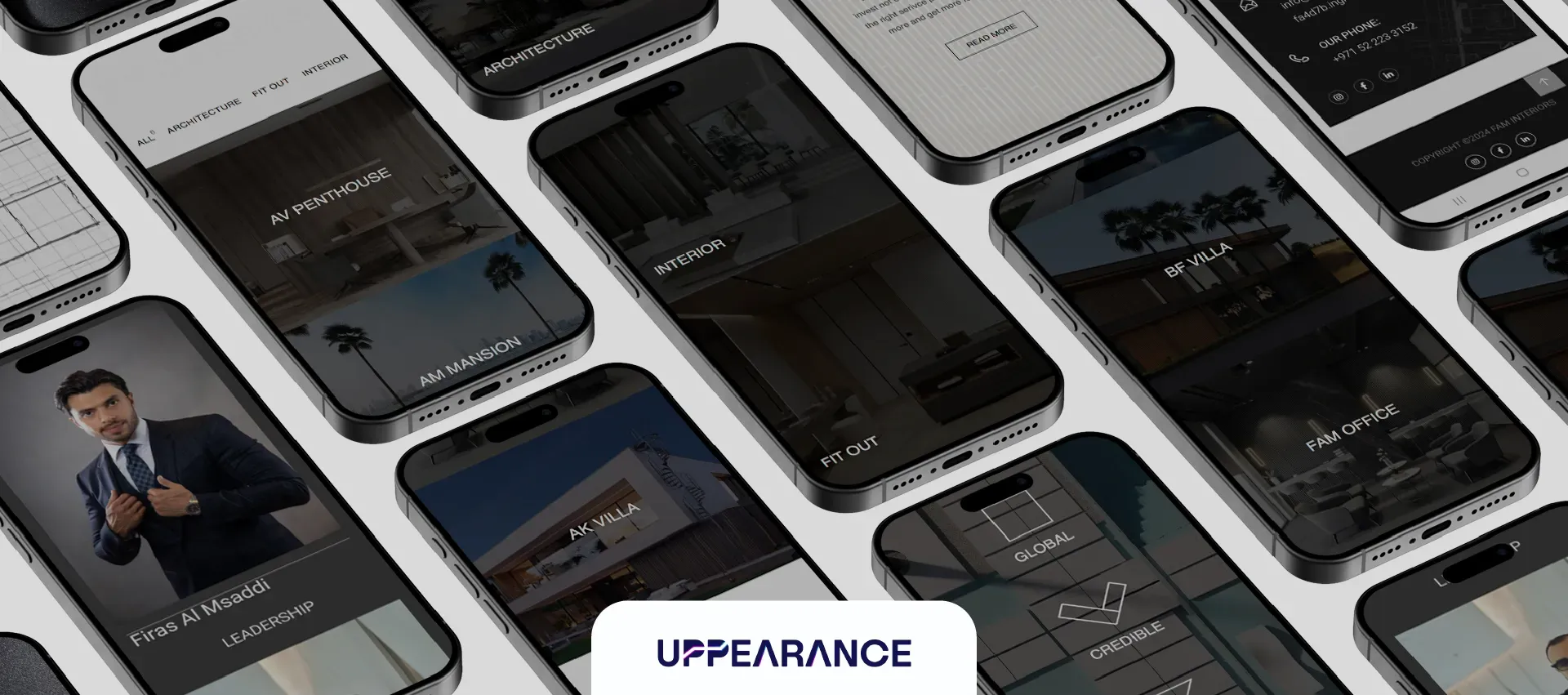 Fäm Interiors project and leadership pages on phones.