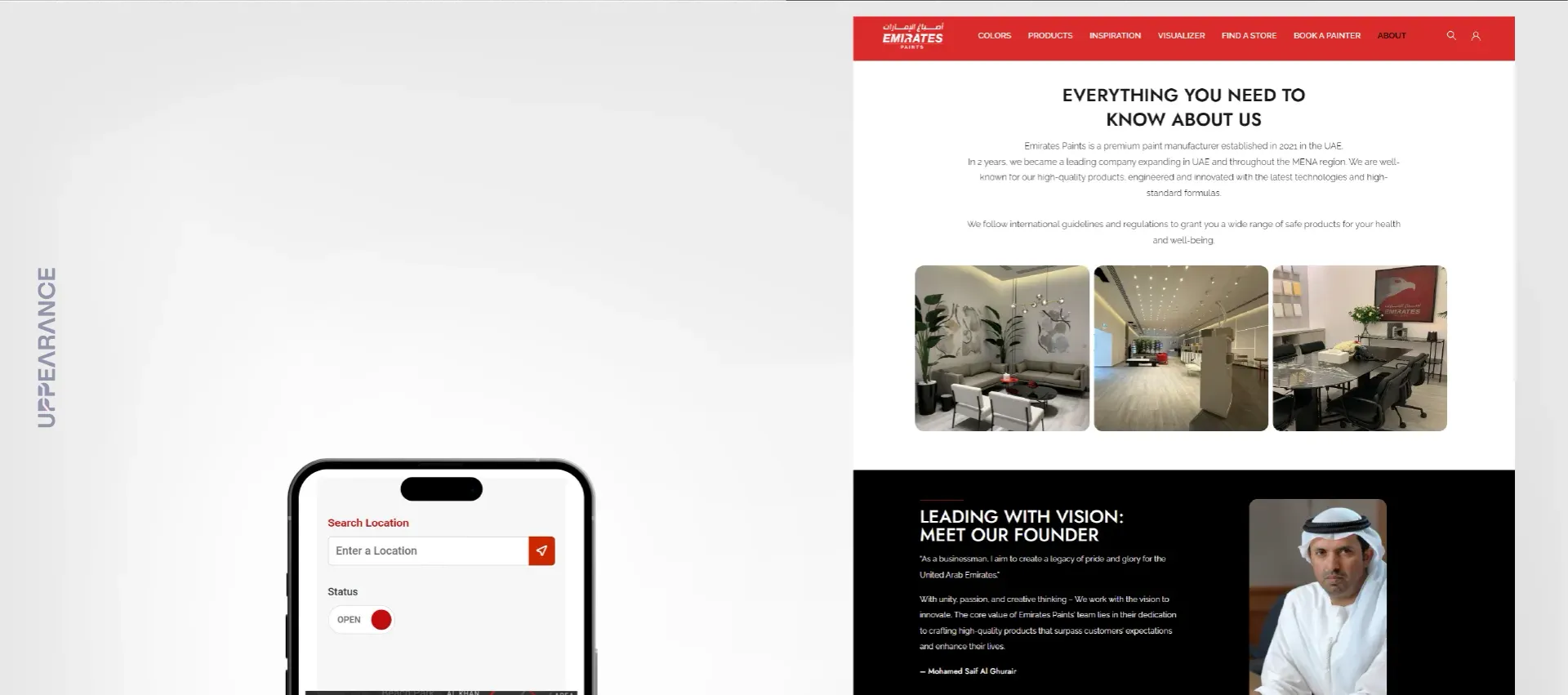The Emirates Paints about page and founder’s story on desktop and phone.