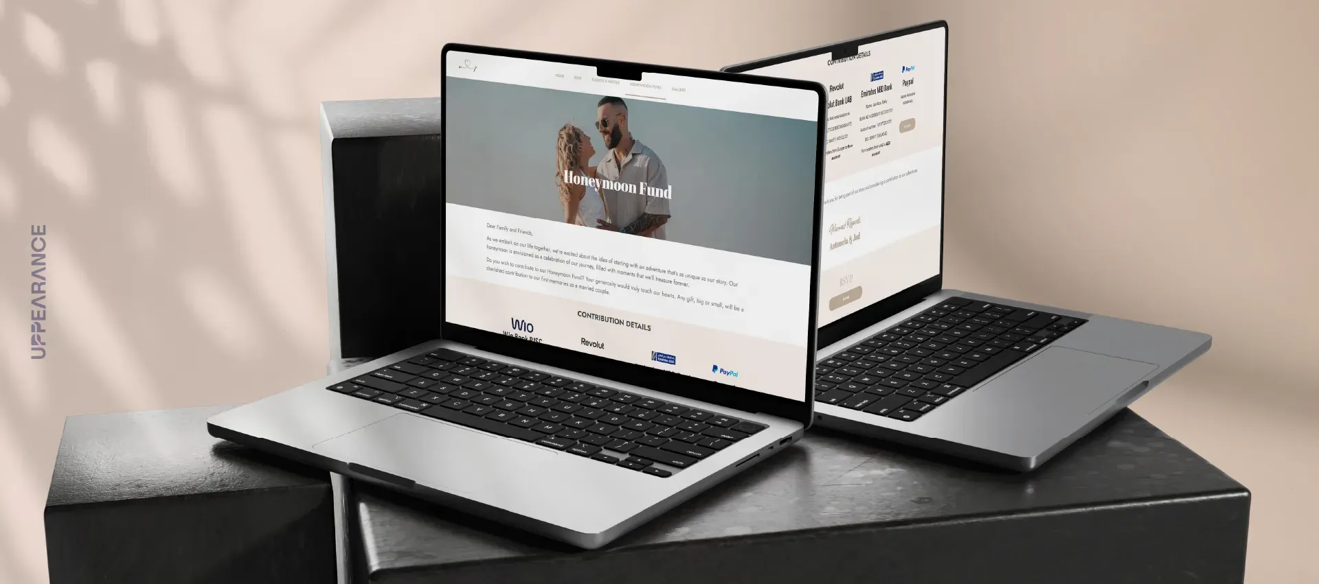 The honeymoon fund page on two laptops.